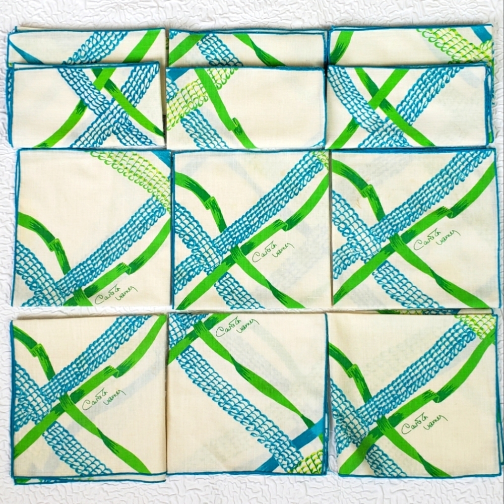 Carleton Varney Designer Vintage Napkins "Set Of 12" White Turquoise Green Sq… - Picture 7 of 16